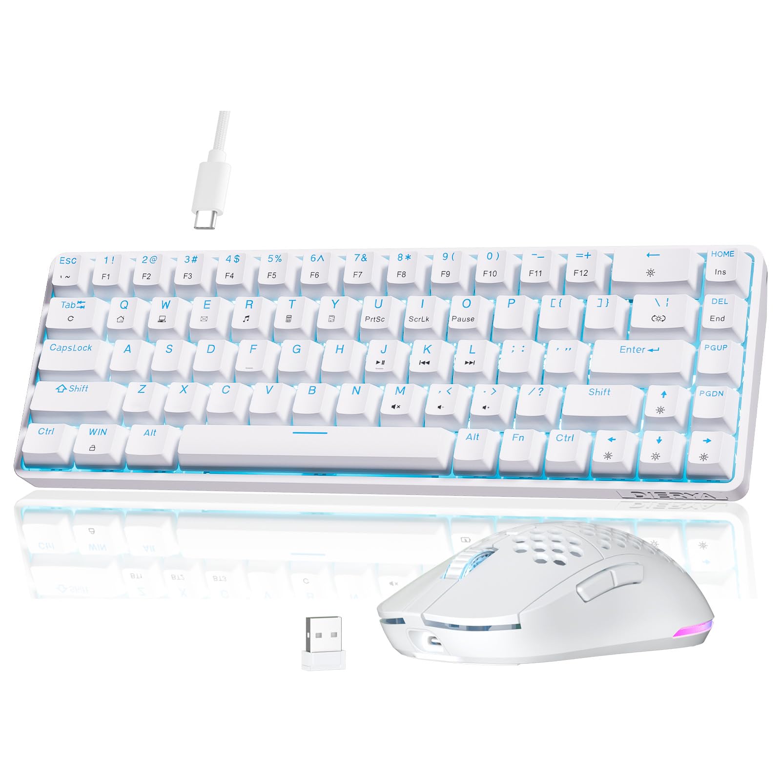 Dierya Ensemble Clavier et Souris Gamer Blanc, M1 Souris sans Fil 24000 DPI & DK68SE Clavier Filaire 68 Touches Switch Rouge, Setup PC Multitâche Ergonomique (Pack de 2)