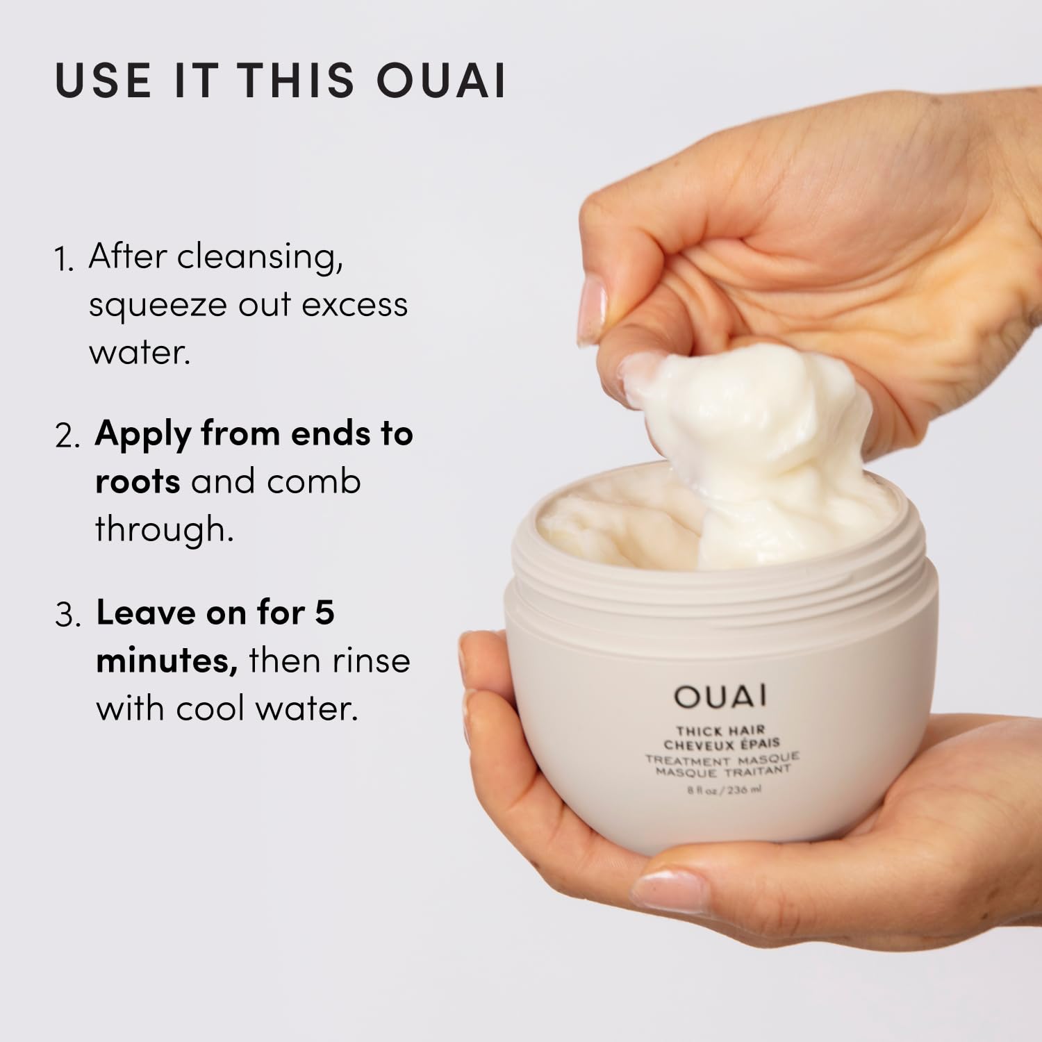 OUAI Mascarilla Thick - Tratamiento capilar con aceite de almendra, aceite de oliva y queratina hidrolizada para reparar el cabello dañado - Sin ftalatos ni parabenos (100 ml)
