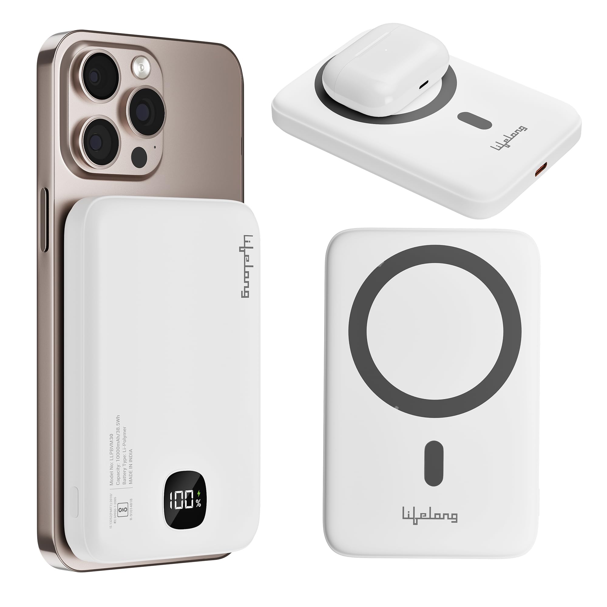 Lifelong Flux 10000mAh Quick Charge 3.0 | Magsafe Power Bank with Type-C PD Output (22.5W) & Input (18W) | Wireless Output 15W | Portable Charger for Mobiles, Earbuds, Wireless, Speakers & Tablets