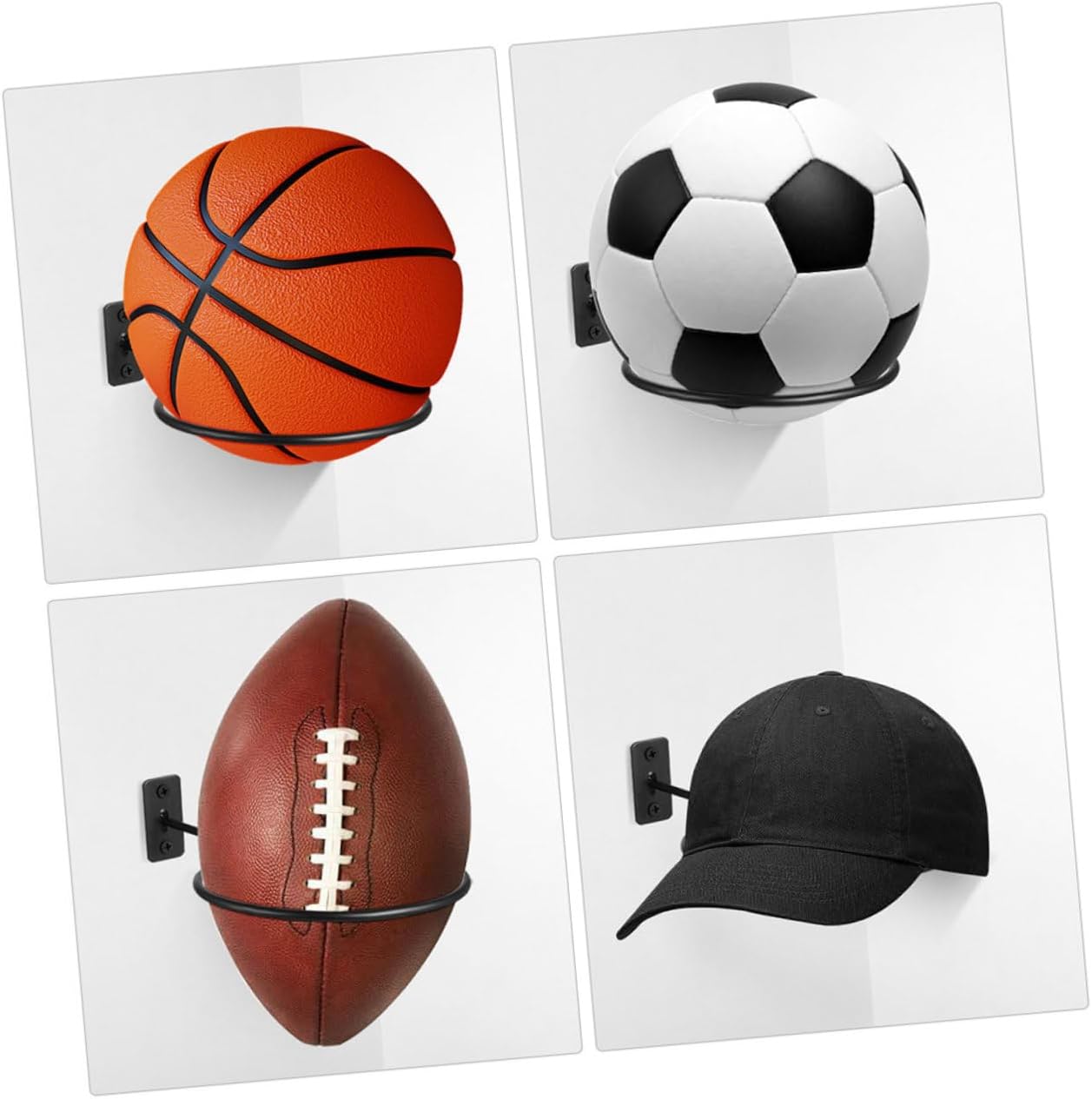 8pcs Wall Mounted Ball Rack Holder for Basketball Football Soccer Volleyball – Metal Space-Saving Sports Ball Storage Stand, 23.5x4.5cm, Black