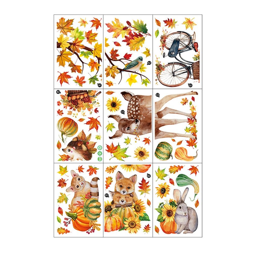 CTRLZS Fall Window Cling Sticker Thanksgiving Autumn Harvest Animal Pumpkin Leaves for Party Supplies Window Glass Decoration
