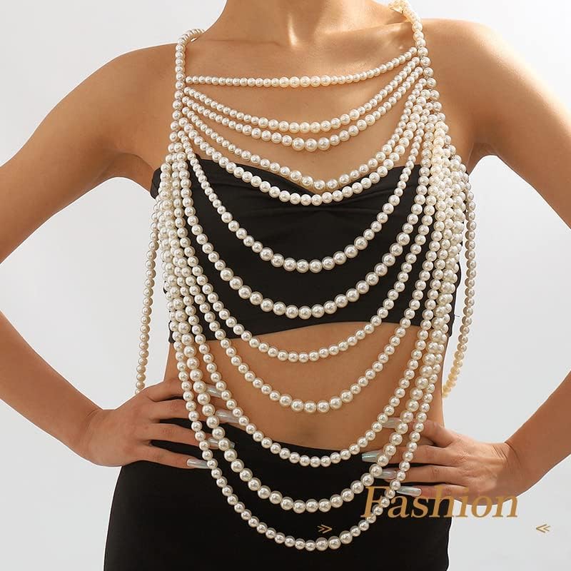 Pearl Body Chain Pearl Body Jewelry Top Pearls Shoulder Necklace for Women Summer Beach Body Accessories Rave Nightclub Party (tassel body chain-1) - Image 7