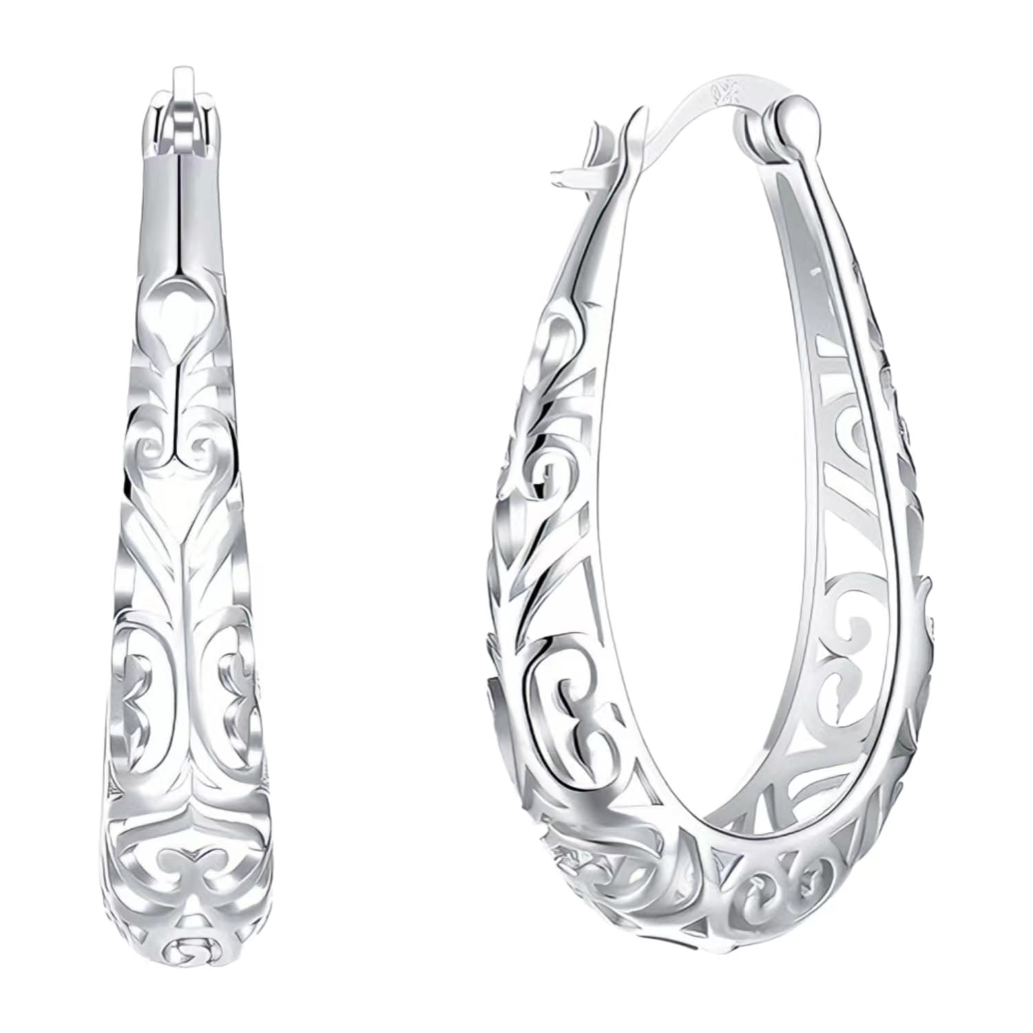 HUARJO 14K Gold Plated 925 Sterling Silver Post Oval Filigree Hoop Earrings for Women Hypoallergenic Dainty Thick Gold Hoops Earrings for Jewelry