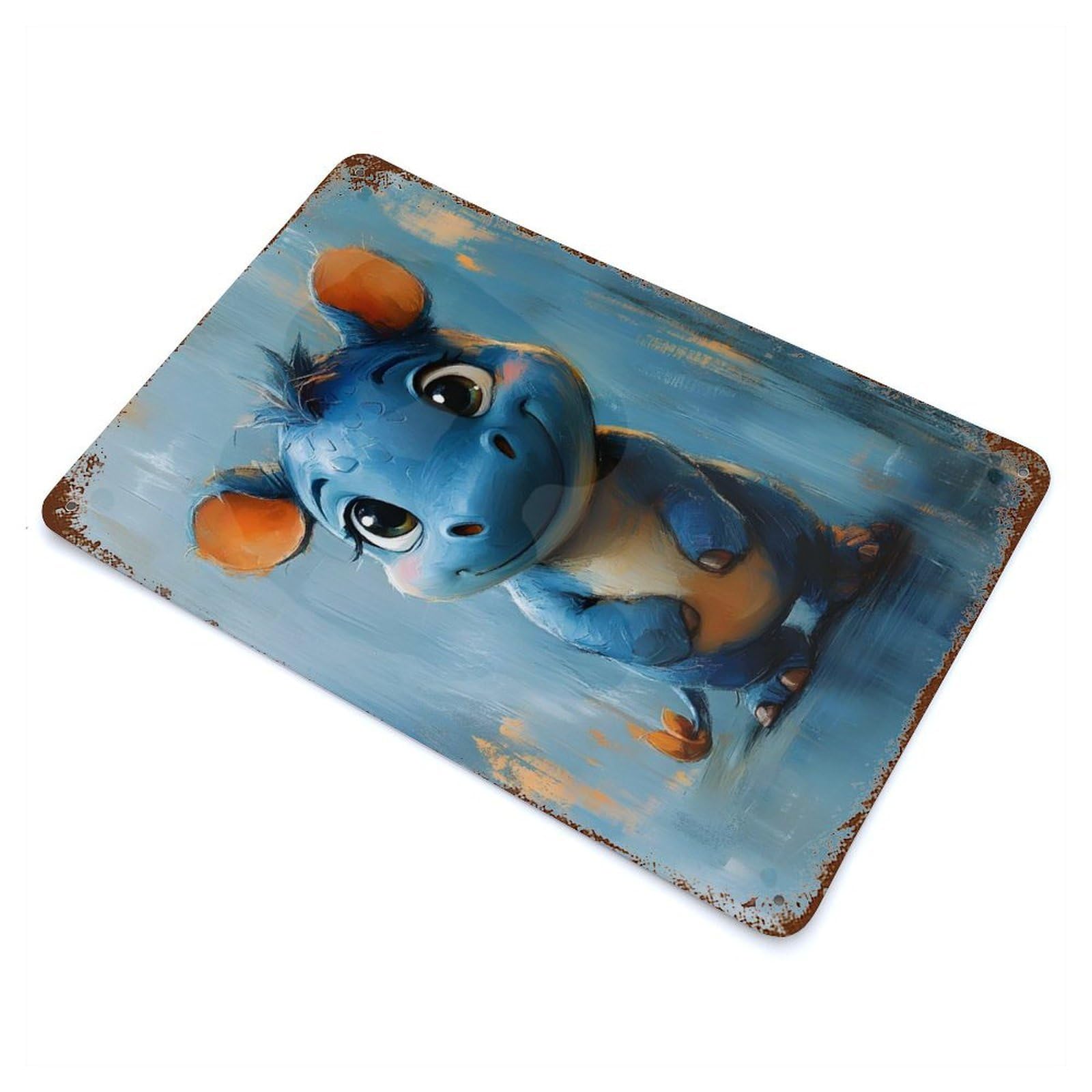 Cute Blue Rhinoceros Aged Metal Wall Plaque 11.8"x7.9", Farmhouse Wall Decor for Patio, Garden Room And Bar Decor