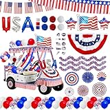 100Pcs 4Th Of July Golf Cart Decoration Set - Patriotic Decor For Independence Day, Veterans Day &Amp; Party，Red White Blue Tinsel Garlands, Pleated Fan Flag, Paper Fans, Pom Poms And Balloons