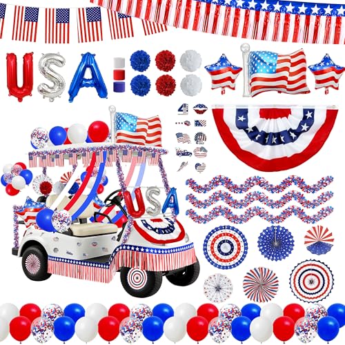 100Pcs 4Th Of July Golf Cart Decoration Set - Patriotic Decor For Independence Day, Veterans Day &Amp; Party，Red White Blue Tinsel Garlands, Pleated Fan Flag, Paper Fans, Pom Poms And Balloons