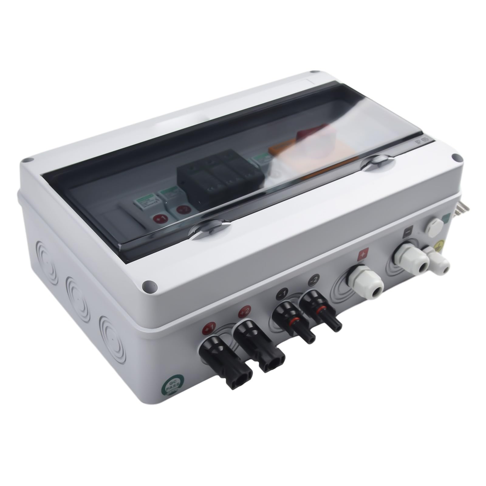 2-in-1-Solar-PV-Kombinator-Box für Photovoltaik-Arrays mit 2 Strängen, IP65 wasserdichtes PVC-Gehäuse mit DC-Sicherungen, SPD und Trennschalter für Dachinstallationen, 1000 V