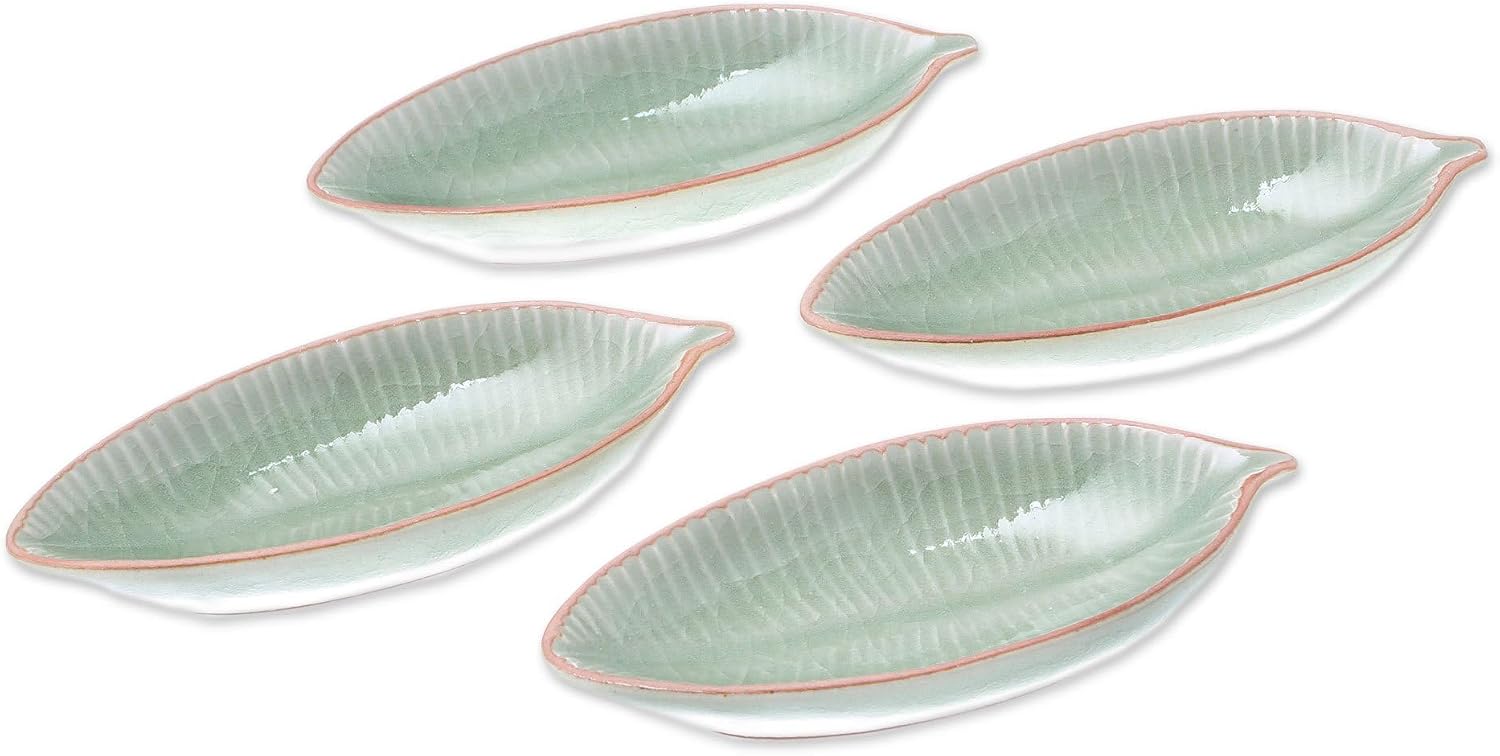 NOVICA Handmade Celadon Ceramic Appetizer Bowls Leafshaped Green Thailand Tableware Serveware Serving Tree [ 0.8in H x 4.5in W x 1.9in D] 'Festive Banana'(Set of 4)