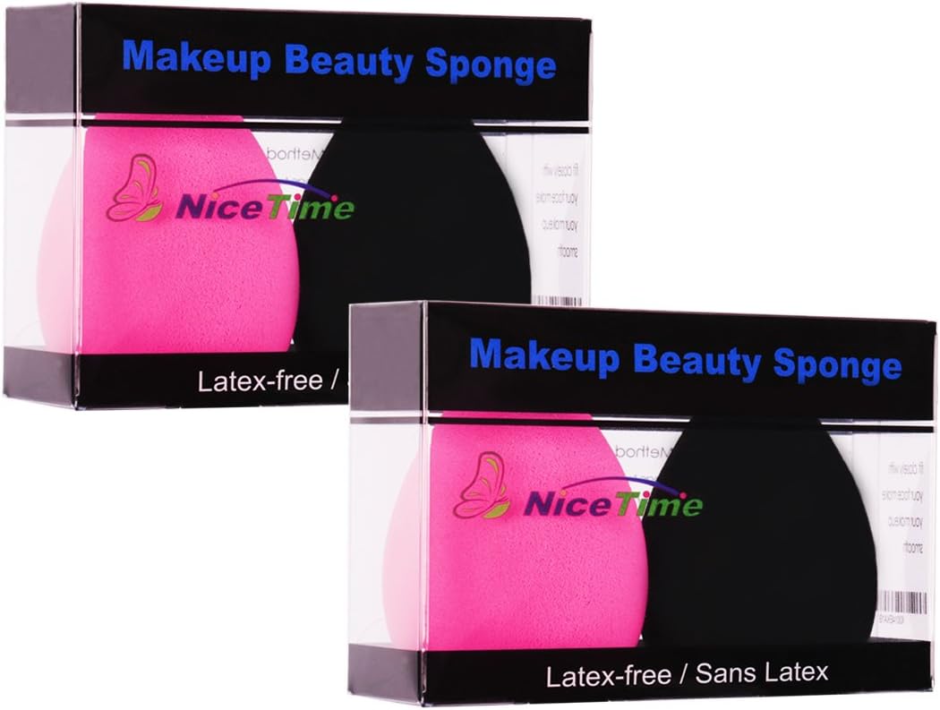 Makeup Foundation Beauty Sponge Set-Latex Free Sponge Teardrop Shape- Perfect For Powder, Cream or Liquid Application from NiceTime (Pack of 2 or 4,Black&Pink) (2 pack(4 pieces))