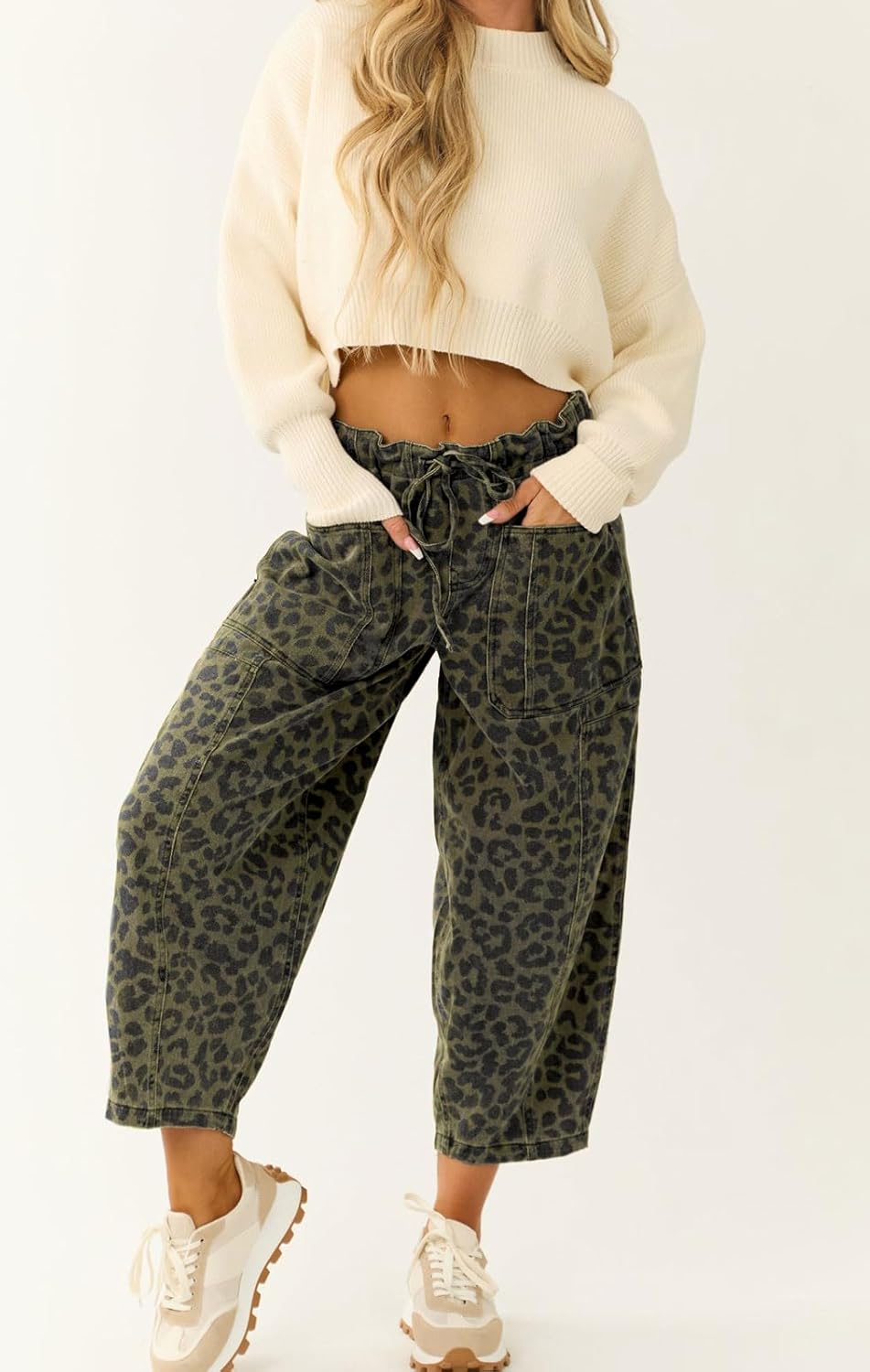 loveimgs Women Loose Leopard Print Cropped Denim Pants Barrel Jeans Elastic Waist Cheetah Wide Leg Harem Pants - Image 2