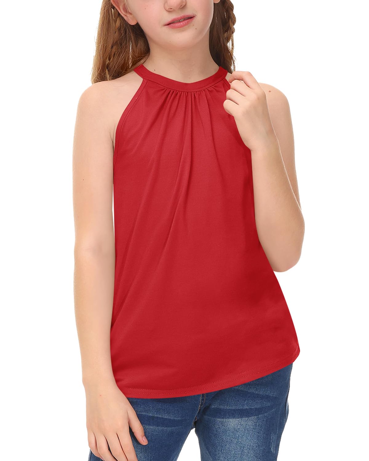 BesserBay Girls Summer Back Button Halter Neck Tank Top Cold Shoulder Casual Blouse Pleated Sleeveless Shirts 5-14 Years