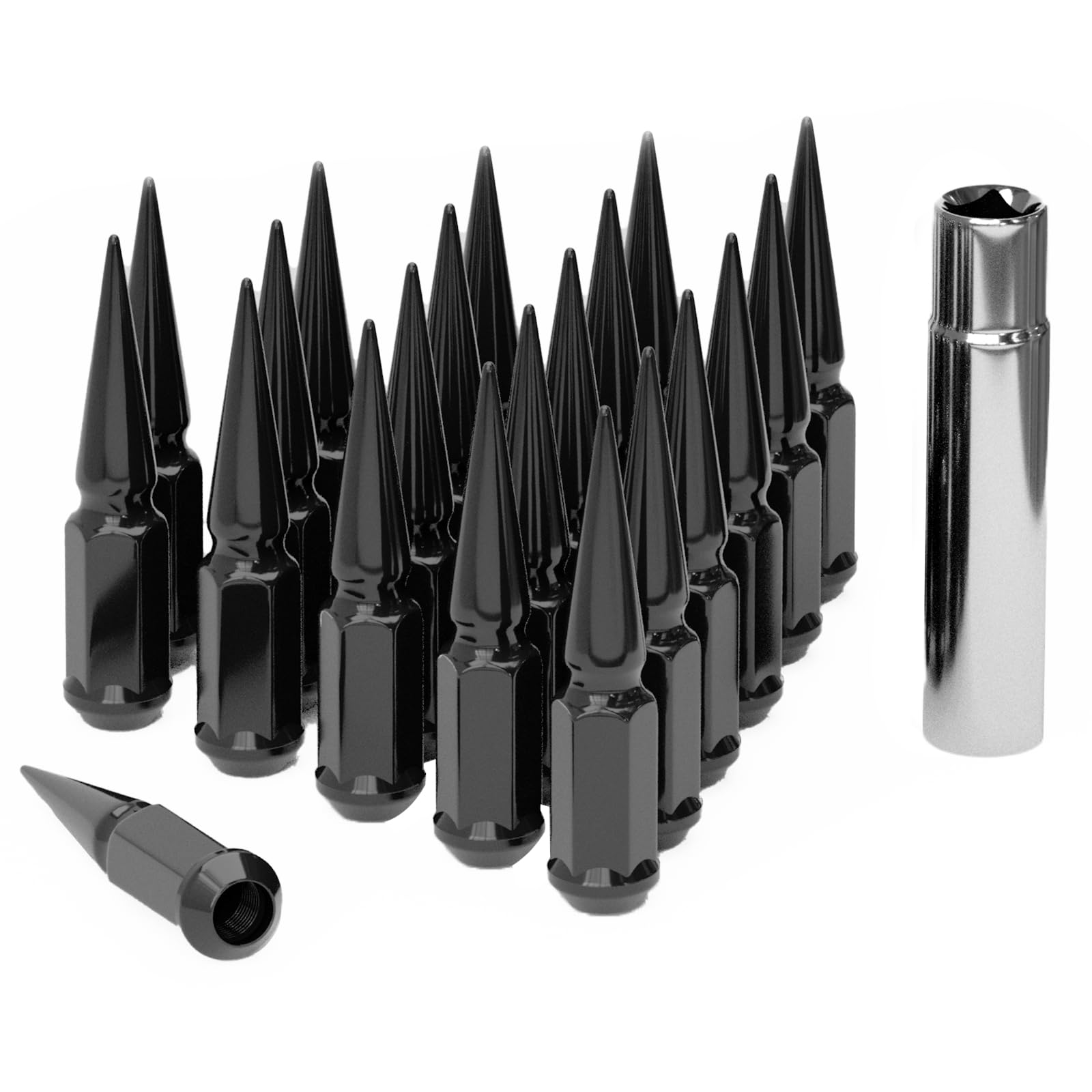 TIROL Black 24pcs M14X1.5 Spike Lug Nuts, Compatible with 07-17 Sequoia/Tundra, 95-17 Silverado/Sierra 1500, 12-17 Ram 1500/Grand Cherokee, One-Piece Design Factory Acorn Wheel Nuts with Socket Key