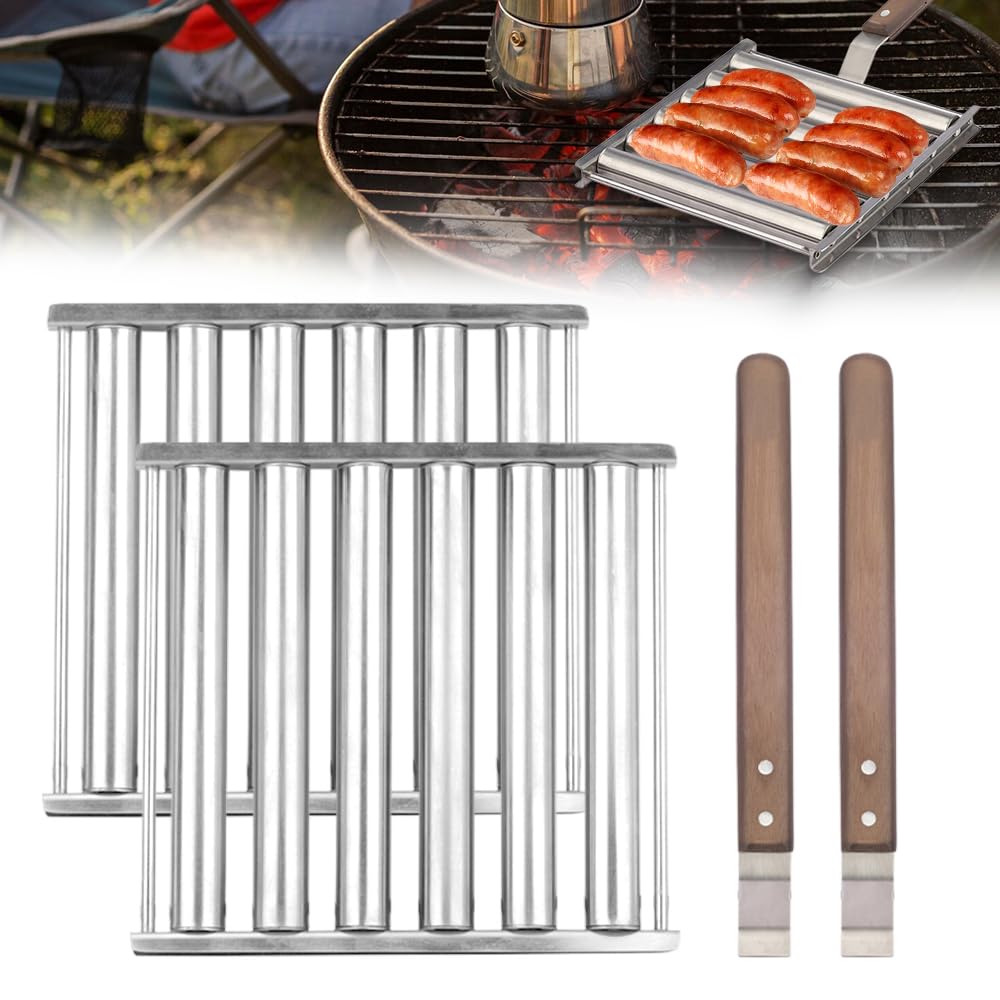 Hot Dog Roller Sausage Roller Rack, 2025 Upgraded Hot Dog Roller for Grill, Stainless Steel Sausage Roller Rack with Extra Long Wood Handle, for Outdoor Cooking and Barbecue Essentials Tool (1)