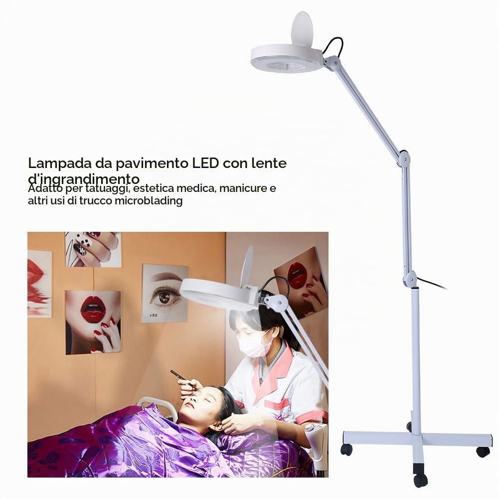 Wakects 5X Lampada con Lente d' ingrandimento a LED, Lente 5 DIOTTRIE d'Ingrandimento con 4 Ruota, Luce per Estetista Laboratorio e Lavori di Precisione, Bianca, 15W