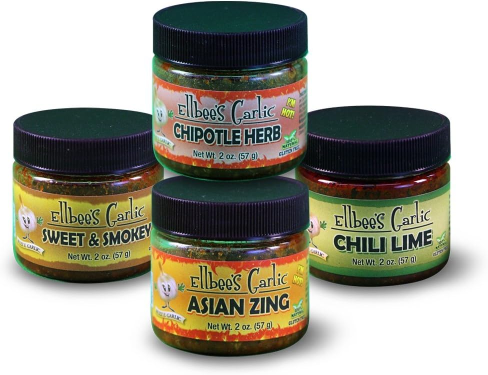 Ellbee's Garlic Seasoning and Rub Variety Pack All Natural Gluten Free No MSG - Sweet & Smokey, Chipotle Herb, Asian Zing, Chili Lime