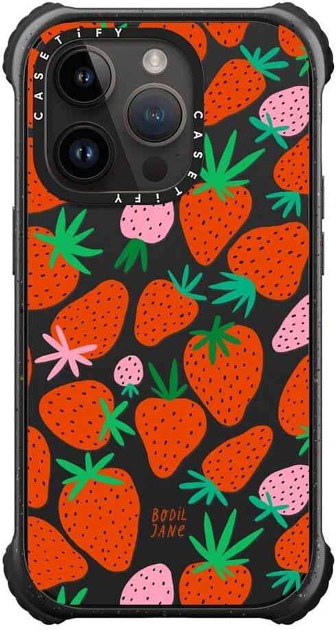 CASETiFY Ultra Impact iPhone 14 Pro Case [5X Military Grade Drop Tested / 11.5ft Drop Protection/Compatible with Magsafe] - Strawberries - Matte Black