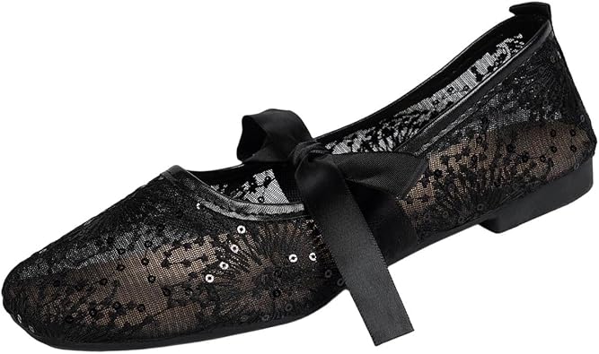 Womens Sequin Lace Bow Knot Square Toe Mary Jane Flats, Strap Breathable Shoes, Lightweight Footwear, Casual & Summer Party Wear