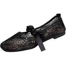 Womens Sequin Lace Bow Knot Square Toe Mary Jane Flats, Strap Breathable Shoes, Lightweight Footwear, Casual & Summer Party Wear