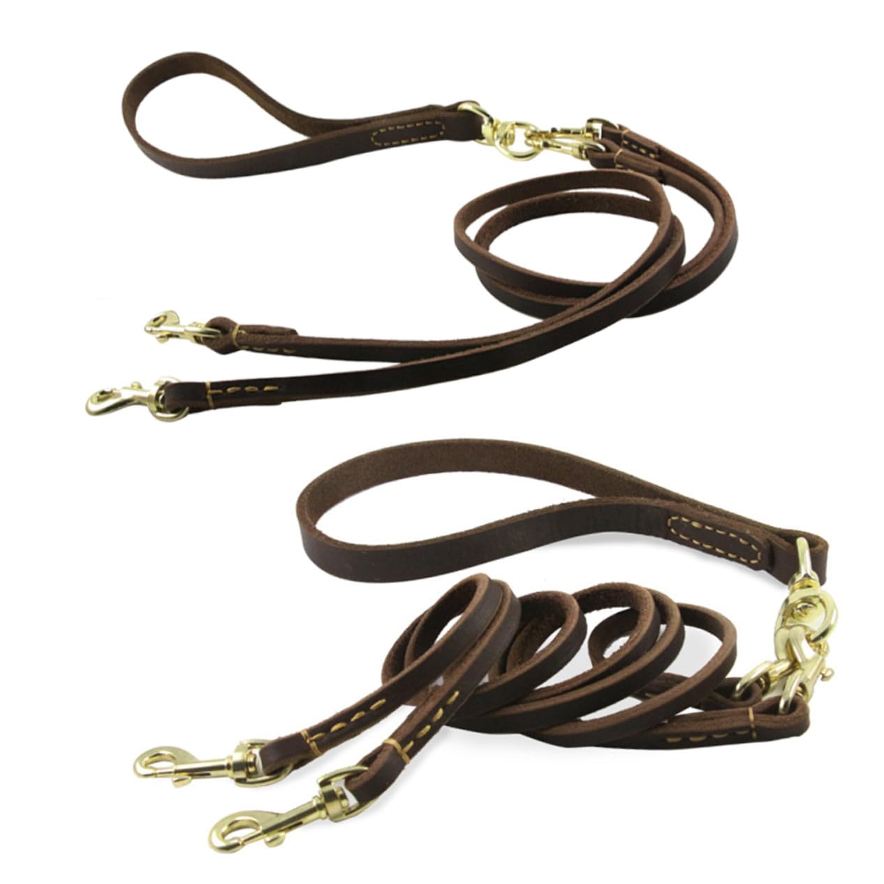 Laisse Double Traction Chien 1, 6x120cm en Cuir de Vache Café