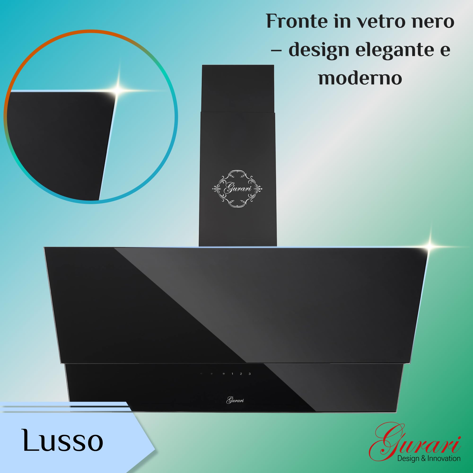 Gurari Dunstabzugshaube 80 cm kopffrei Schwarz Glas GCH 268.8 Abzugshaube Abluft/Umluft | EEK A | Sehr Saugstark 1000m³/h | TouchControl Wandhaube mit Fernbedienung, Timer, Randabsaugung
