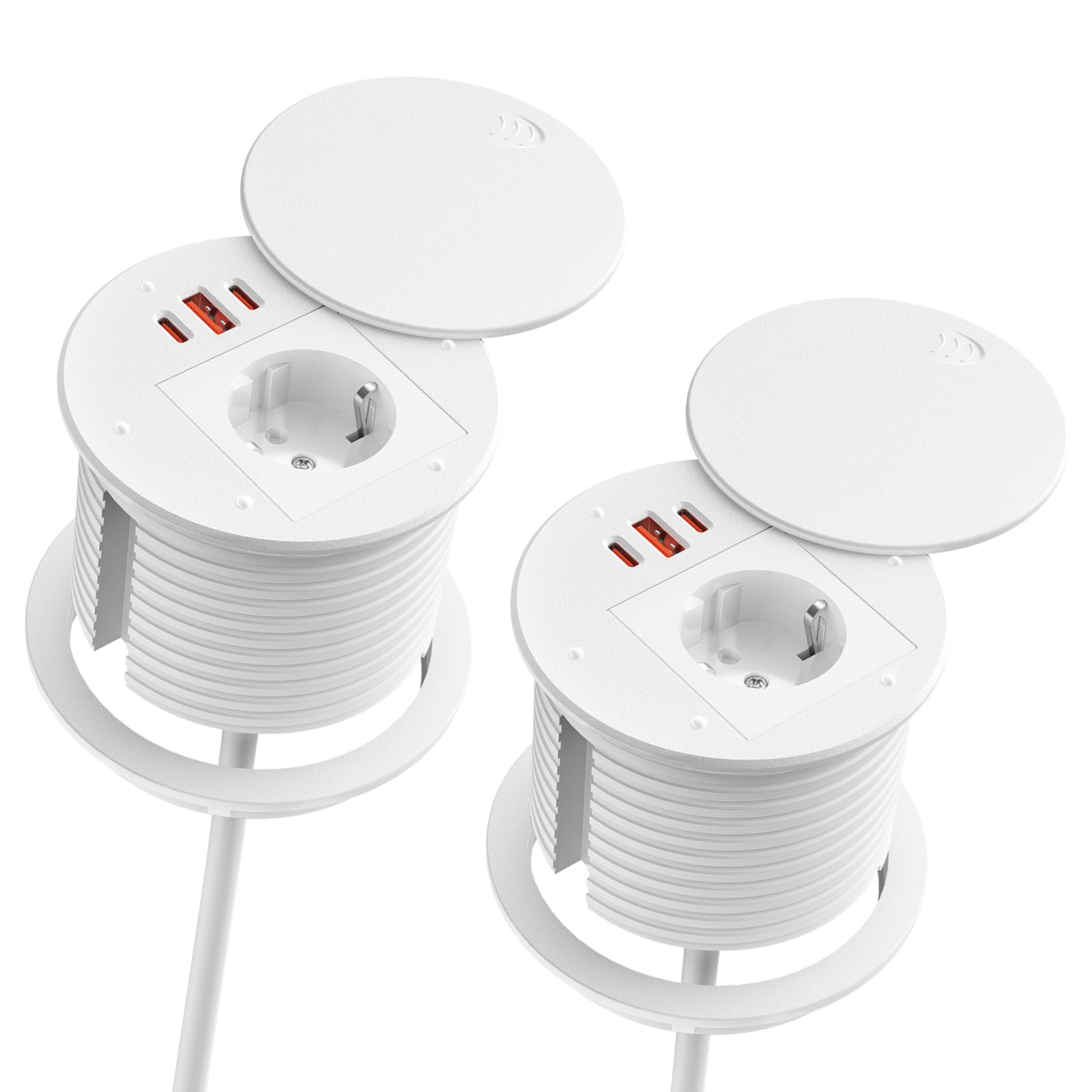 2-pak, gniazdko do zabudowy z USB-C PD 35 W, Ø 80 mm, białe | USB-A QC 30W, 1 Schuko + 3 USB, osłona przeciwpyłowa, kabel 1,8 m, do biurka i kuchni