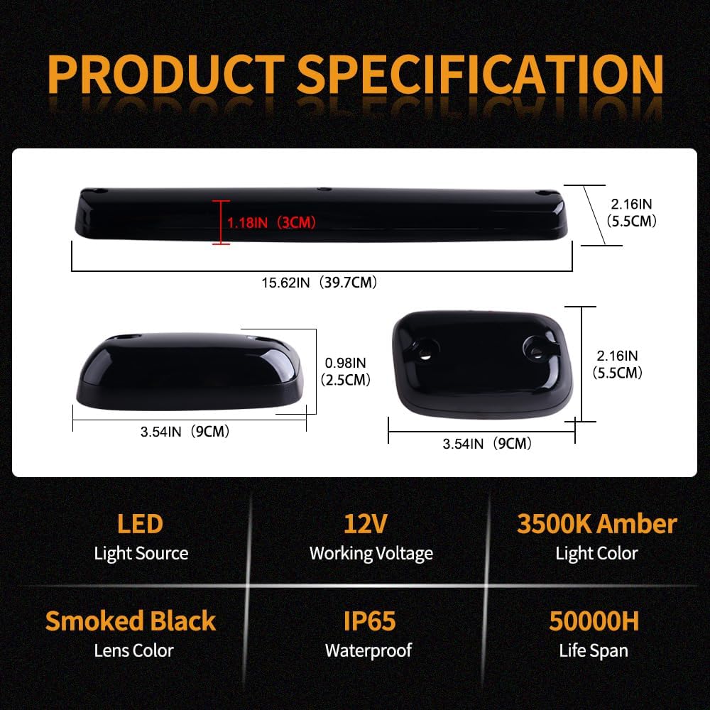 3PCS Amber Cab Marker Roof Running Clearance Cab Lights for Chevrolet Silverado GMC Sierra 1500 2500 2500HD 3500 3500HD 2007-2013 Truck Gmc Sierra 3500 Cab Lights w/Wiring Pack (Smoked Lens)