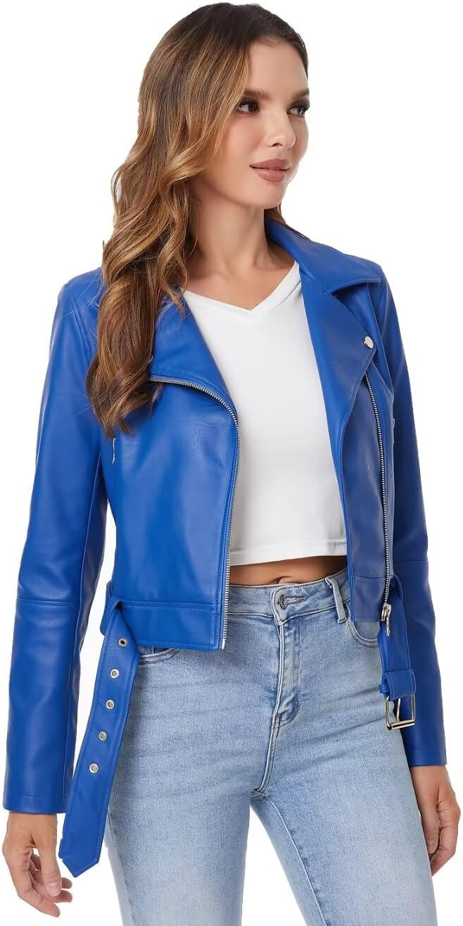 DIASHINY Faux Leather Jacket For Women Crop Short Cropped PU Slim Zip Up Moto Biker Coat Motorcycle Jackets - Image 4