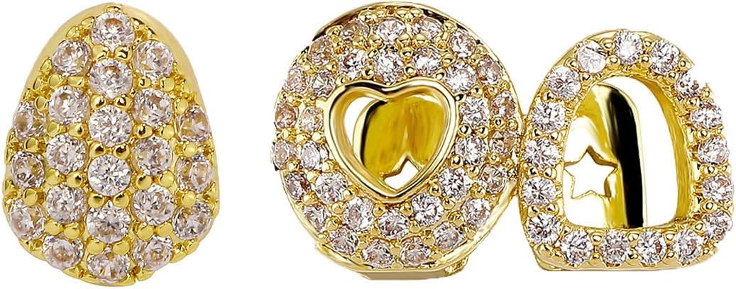 Heart Grillz Teeth, 18K Gold Plated Brass with CZ, Hip-Hop Costume Accessory for Men and Women