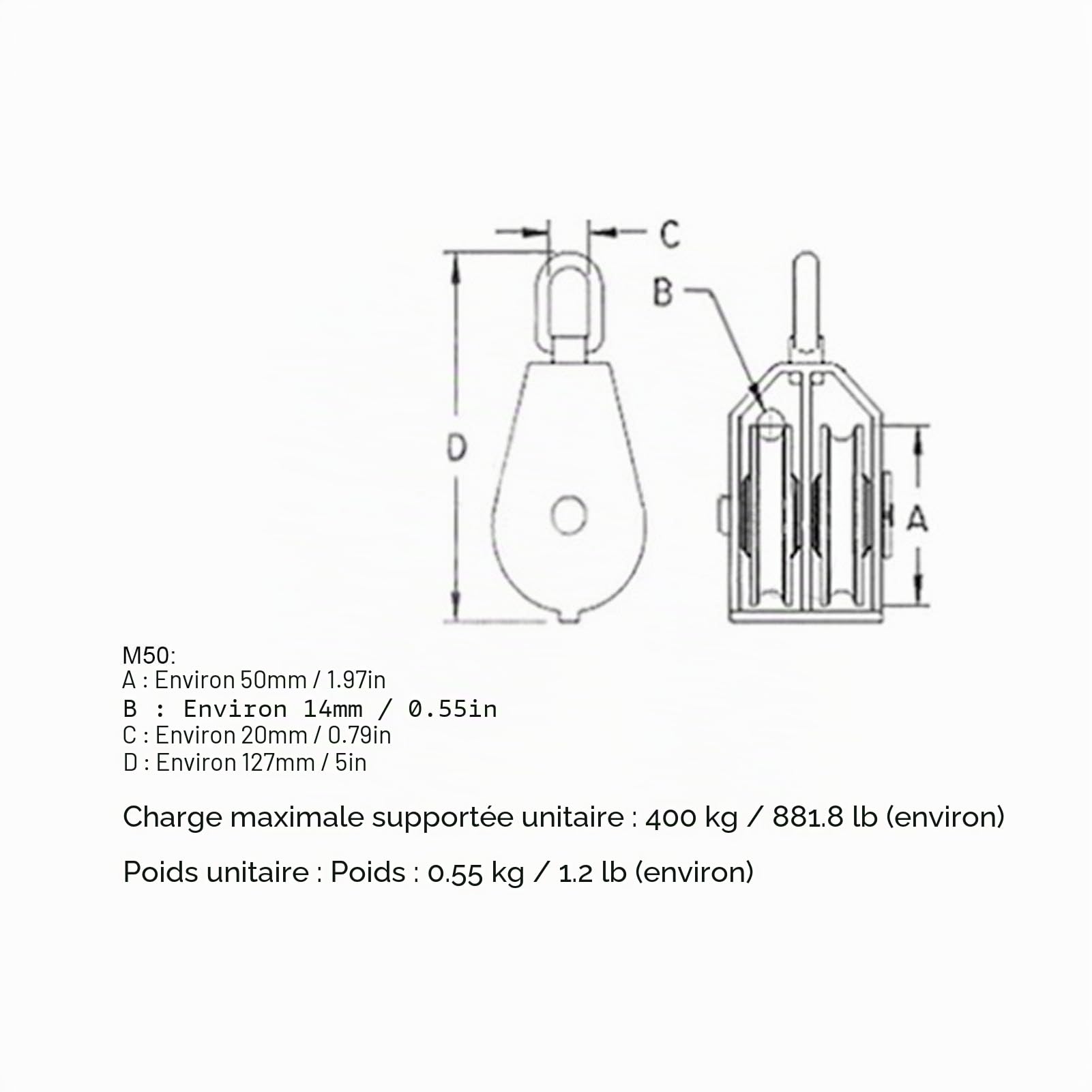 Double poulie M50, polyvalente, de 400 kg, économie de main-d'œuvre, 2 pièces, double poulie de levage robuste pour suspension de grue