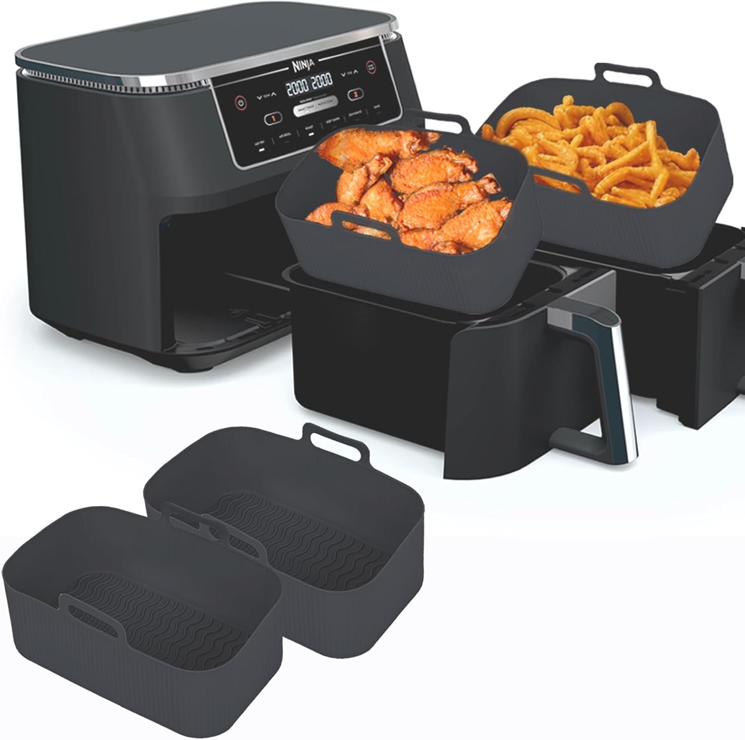 Silicone Air Fryer Liners for Ninja – Reusable 8 Qt Bowl for Foodi DZ201 Dual Basket Airfryer – Rectangular 2-pack 2025 Upgraded Food Safe Silicone Baking Tray Black (BLACK) Silicone Air Fryer Liners for Ninja – Reusable 8 Qt Bowl for Foodi DZ201 Dual Basket Airfryer – Rectangular 2-pack 2025 Upgraded Food Safe Silicone Baking Tray Black (BLACK)