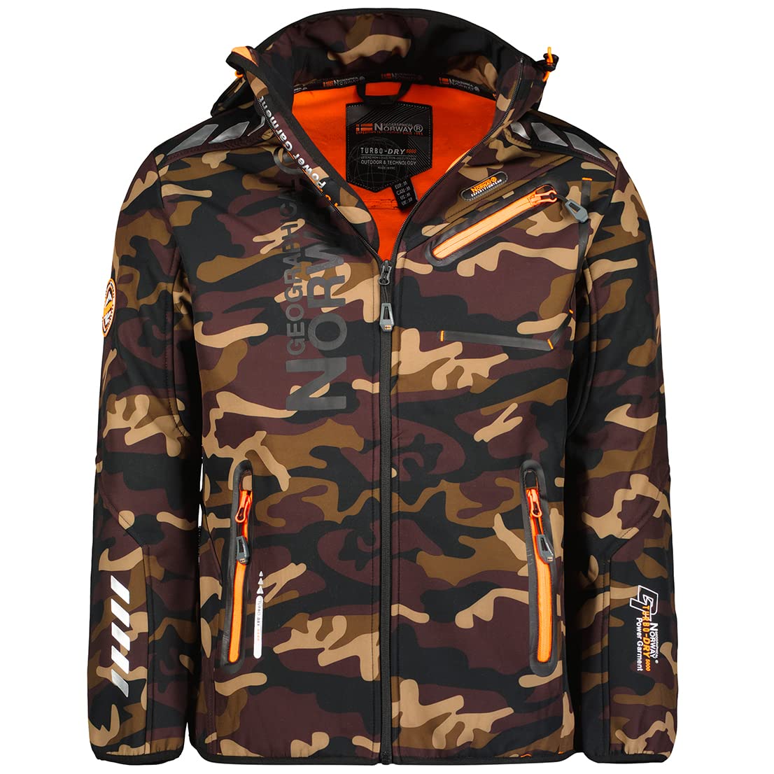 Geographical Norway ROYAUTE MEN - Giacca Softshell Impermeabile Uomo - Giubbotto Cappuccio Traspirante All'aperto - Giacca Invernale Antivento - Ideale Attività All'aperto (CAMO Kaki / Orange, M)