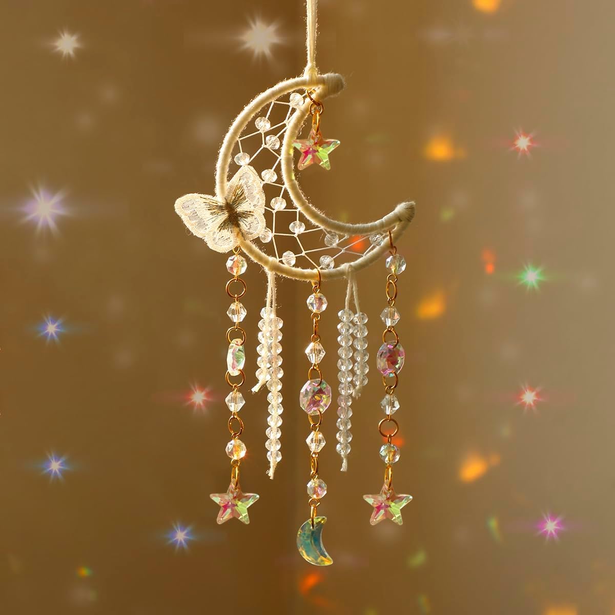 Artilady Butterfly Crystal Dream Catcher for Car - Small Dream Catchers with Crystals Boho Wall Hanging Crystal Rainbow Dreamcatcher Bedroom Home Moon Decor for Girls,Women (White Moon)-image-25