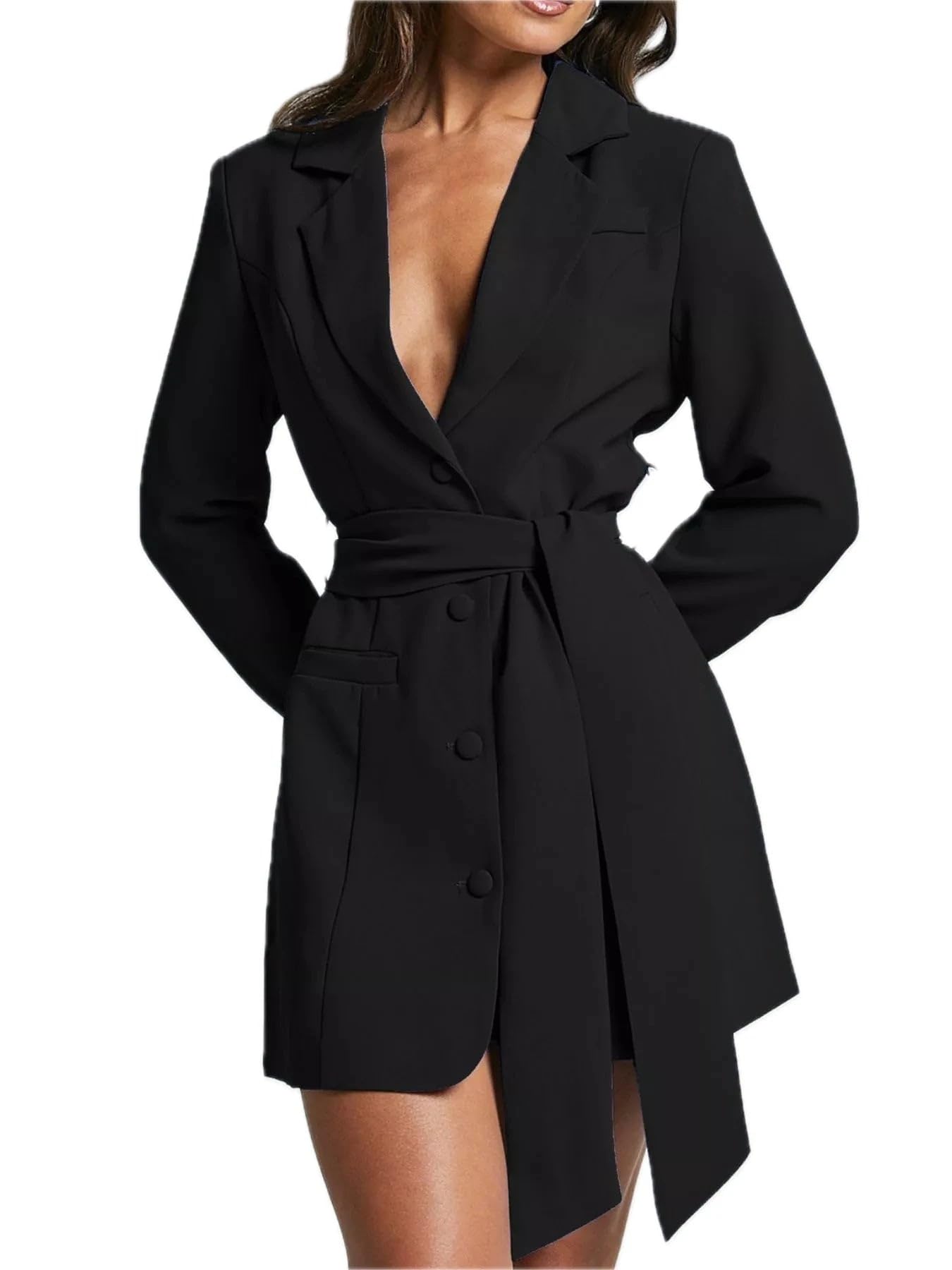 Womens Premium Lapel Collar Tie Waist Blazer Buttoned Pocketed Belted Lined Business Work Office Elegant Versatile