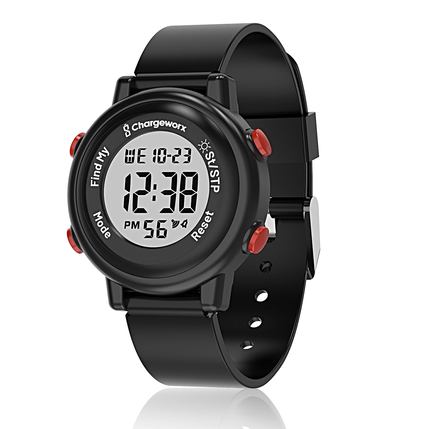 Chargeworx Kids Digital Watch, black color, displaying time 12:38.