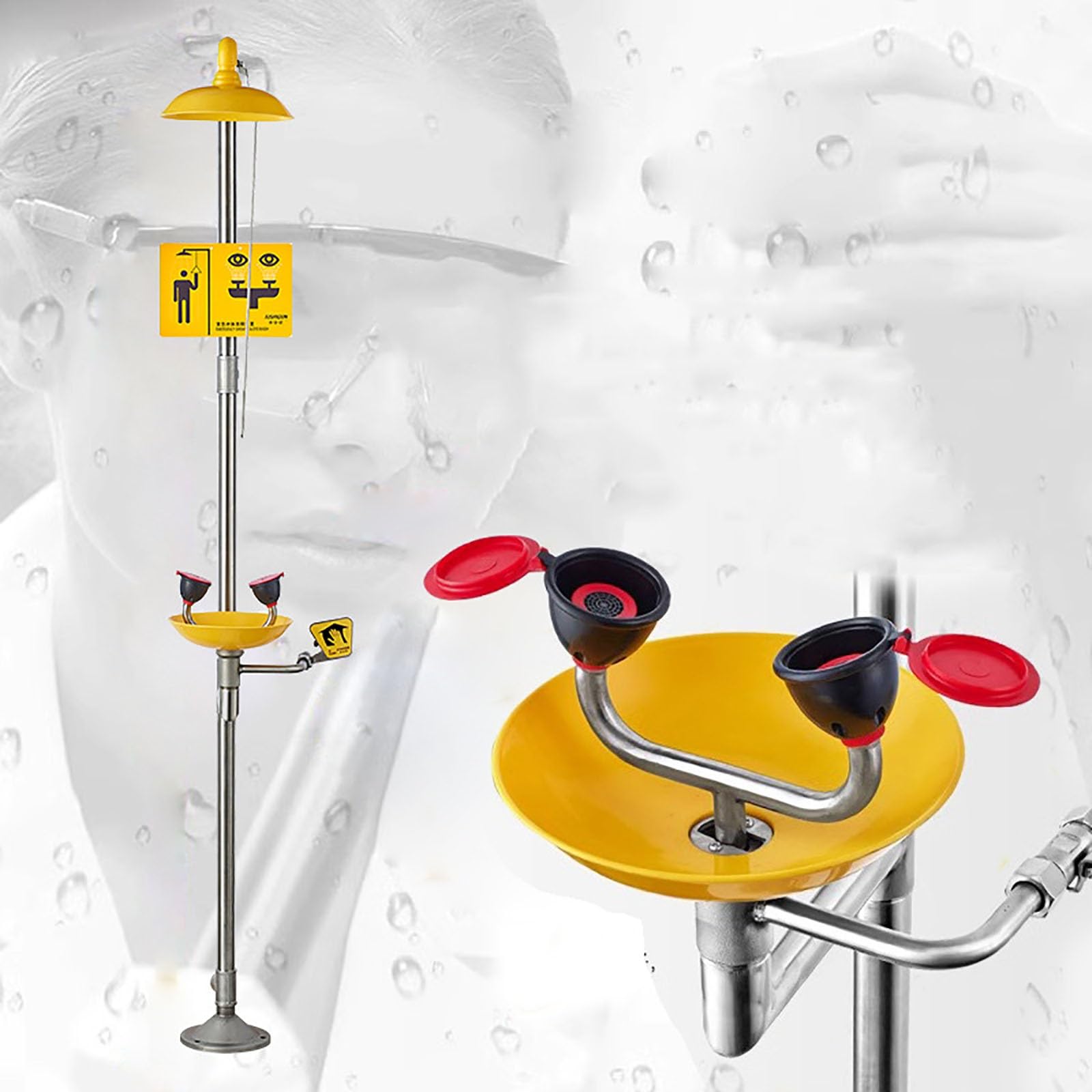 Estación de Lavado de Ojos, Sistema de Ducha de Emergencia Combinado, Estación de Lavado de Ojos de Acero Inoxidable 304 con Lavabo de ABS, Unidad de Lavado de Ojos de Plomería de Pie