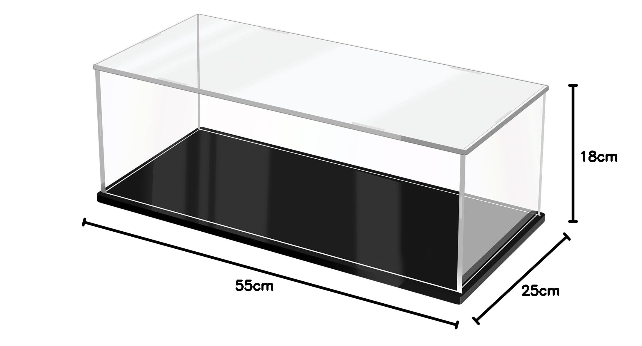 JUJOMAT Acryl Vitrine Schaukasten Transparente Staubdichte Box 55*25*18cm | Klare Display Case für Modelle Action-Figuren Spielzeug Sammlerstücke mit Schwarzer Basis; Handschuhe Putztuch