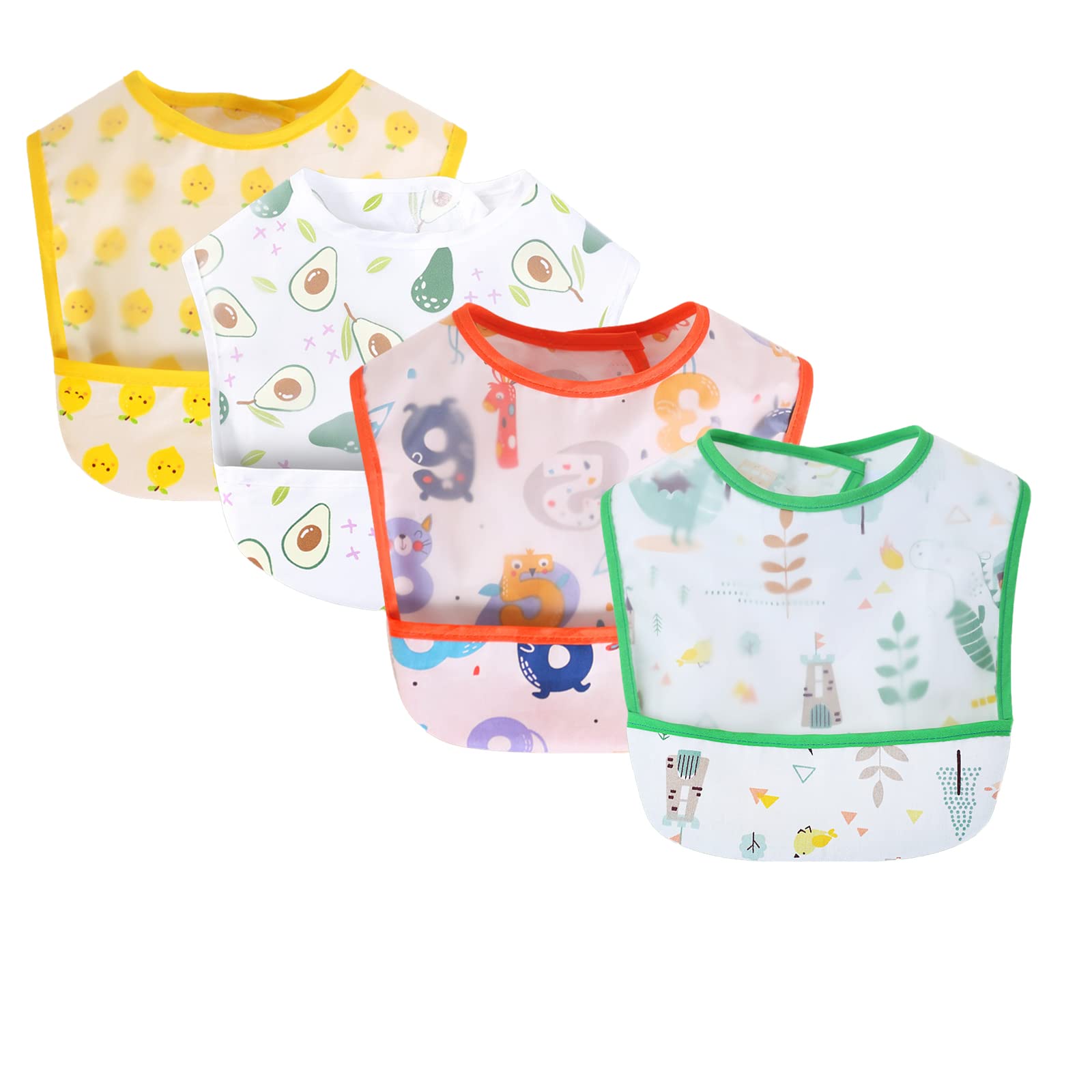 4 Pack Baby Bib Infant, Waterproof Bib for Baby Boy or Girl, Toddlers Feeding Bib with Crumb Catcher Pocket Washable Soft