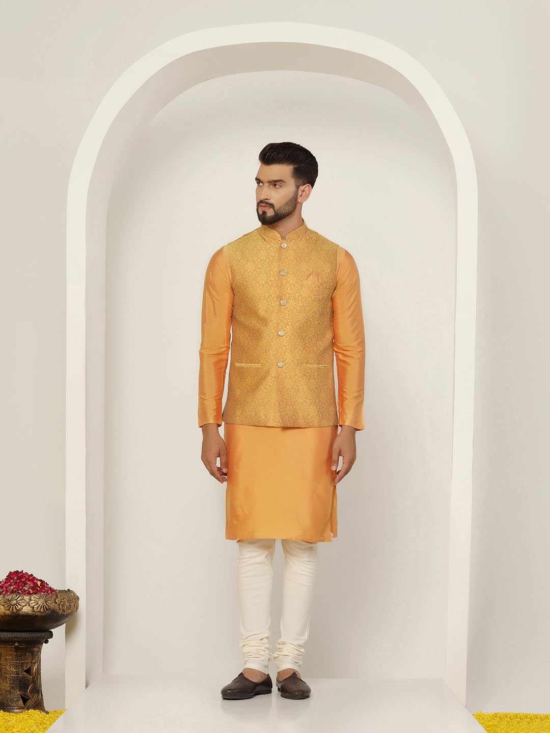 Kisah Men's Kurta Jacket Churidar Set, Mustard Jacquard, Woven Design Long Sleeves Regular Fit Mandarin Collar (L)
