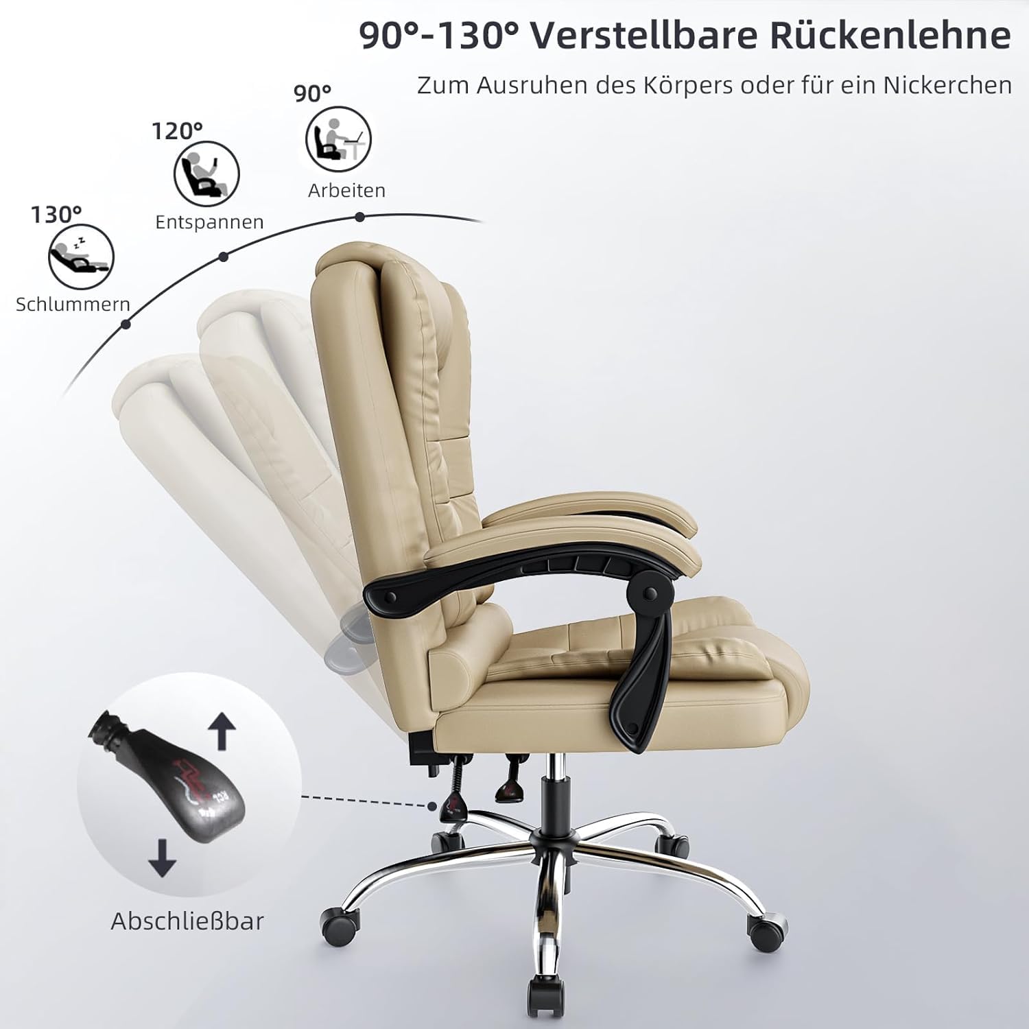 rattantree Bürostuhl Chefsessel Ergonomisch, PU-Leder Bürosessel Khaki | Chefsessel 150kg Hochlehner mit Federkern-Sitz, Höhenverstellbarer Drehstuhl mit Wippfunktion, Gepolsterte Armlehnen