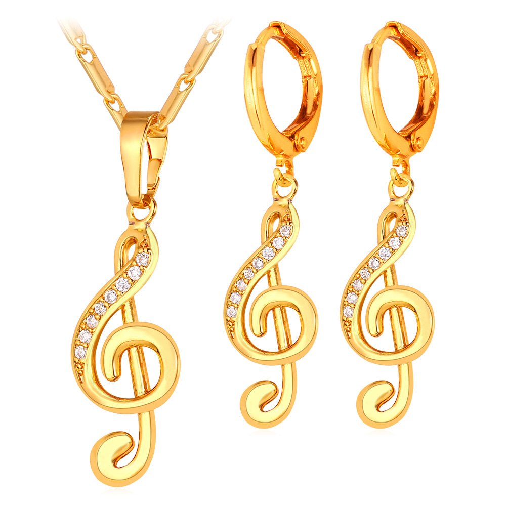 U7 Cz Novelty Music Note Jewelry Set Of Necklace Earrings