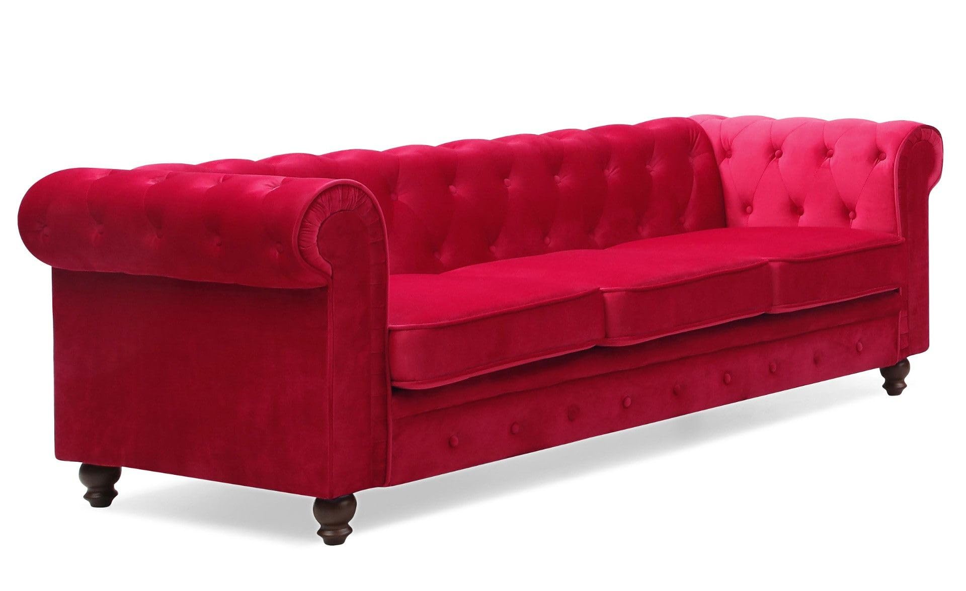 Menzzo - Divano a 3 posti in legno e velluto, 80 x 207 x 72 cm, Legno, rosso, 207x80x72