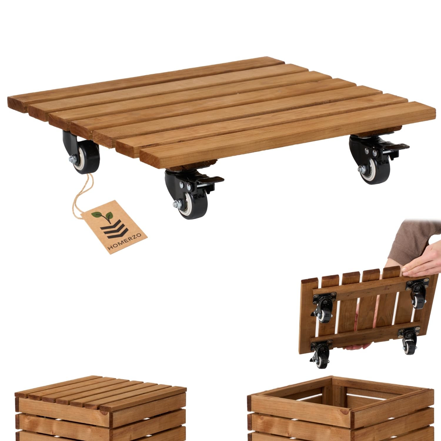 Chariot pour plantes résistant aux intempéries - Charge maximale : 90 kg - Planche à roulettes pour plantes - Soucoupe - Roulettes avec 2 bloqueurs - Marron - 36 x 36 cm