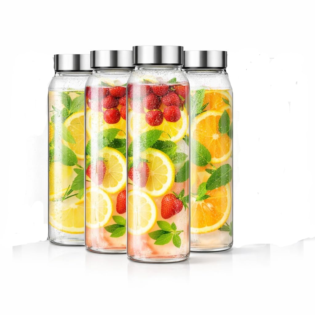 Vasukie Glass Water Bottles, Glass Fridge Water Bottle with Steel Cap, Wide mouth Leak proof & detox water bottle glass, water bottle for fridge, fridge bottle 750 ML (4 BOTTLE)