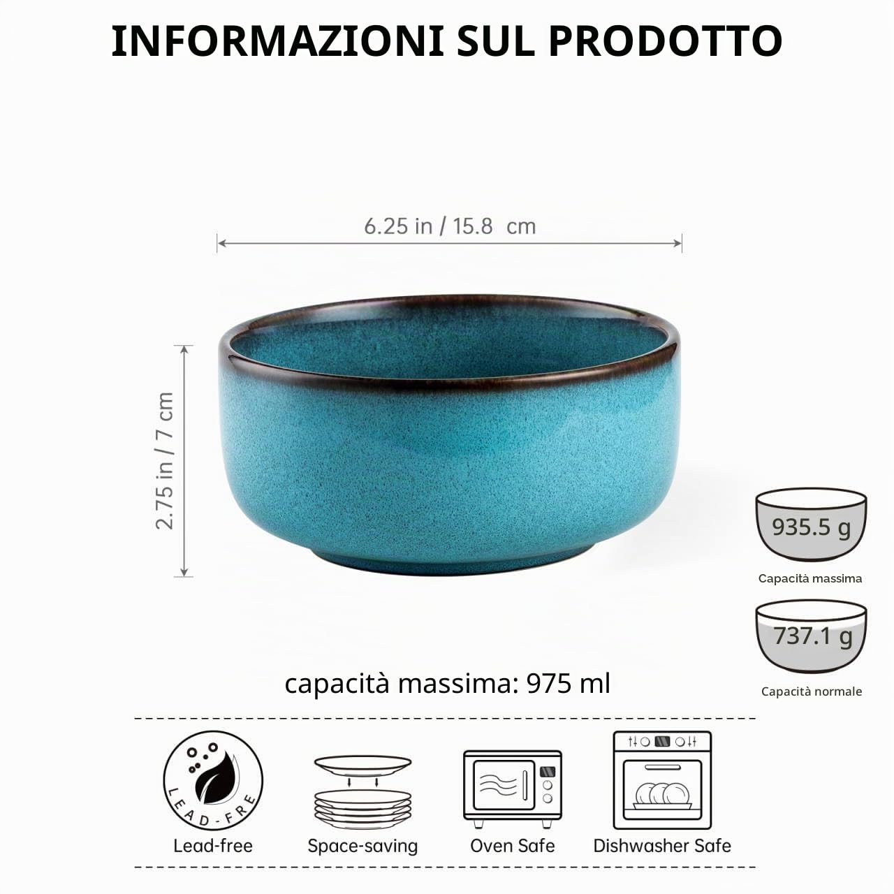 Ciotole per Cereali, Insalatiera Ceramica di 4 x 975 ml, Set di Ciotole Ceramica Blu per 4 Persone, Set Stoviglie Grande Ciotola per Colazione, Cereali, Zuppa, Insalata