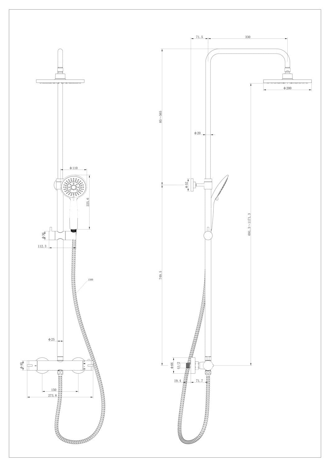 System prysznicowy Young Eco, z armaturą termostatyczną i 2 regulatorami oszczędzania wody, deszczownicą Ø 20 cm i słuchawką prysznicową Ø 11 cm z 5 funkcjami, odporny na zginanie wąż prysznicowy ze
