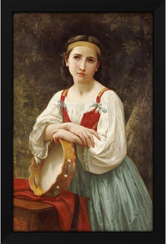 Bouguereau, William-Adolphe 31x48 Huge Black Modern Framed Canvas Art Print Titled: Basque Gipsy Girl With Tambourine