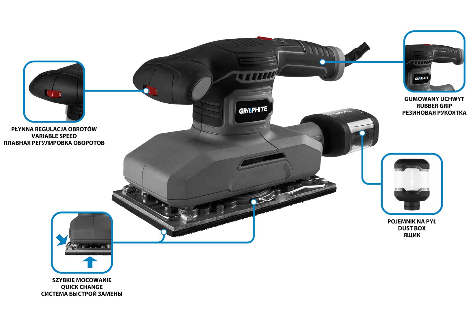 GRAPHITE Lijadora vibratoria de 380 W, estructura 115 x 230 mm, velocidad de rotación 7000 – 13000 min¹, amplitud de oscilación 1 mm, papel de lija 115 x 280 mm, masa 1,98 kg, accesorios: papel de