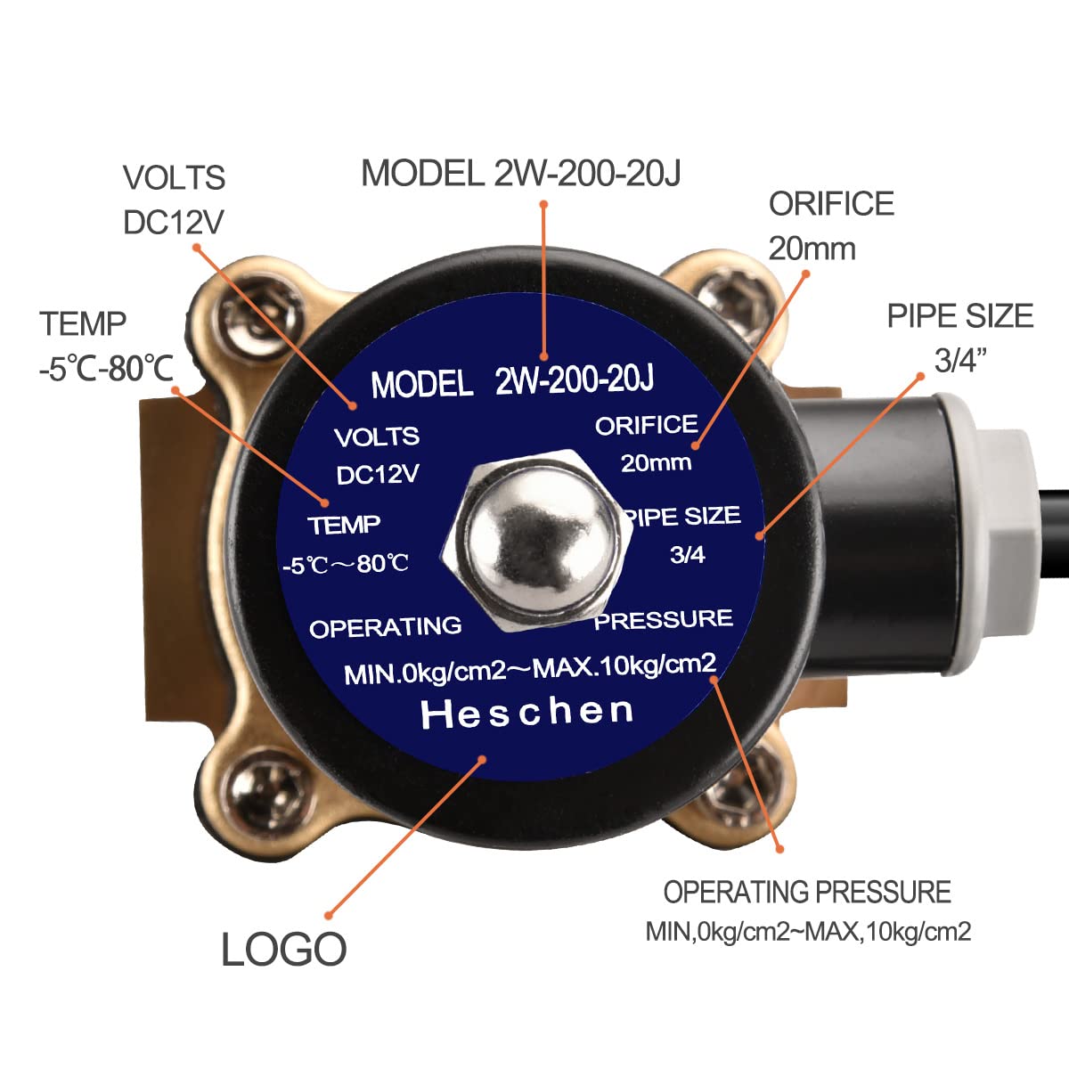 Heschen Mosiężny zawór elektromagnetyczny 2W-200-20J, DC12V, normalnie zamknięty, PT3/4