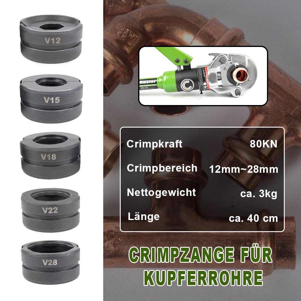 AMZCNC Profi Presszange V-Kontur(SC-Kontur) 12-15-18-22-28 Set Presswerkzeug mit 360° drehbarem Kopf, f. Kupferrohr, C-Stahl, Edelstahlrohr der V-Kontur, Backeneinsätze V12,V15,V18,V22,V28 incl.