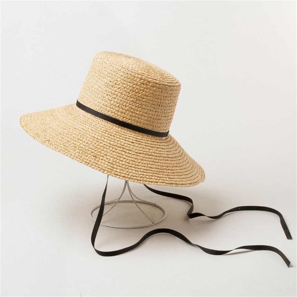 HBJWOV Tie Rope Straps Raffia Flat Top Basin Type Hat Outdoor Beach Travel Sun Protection Hat